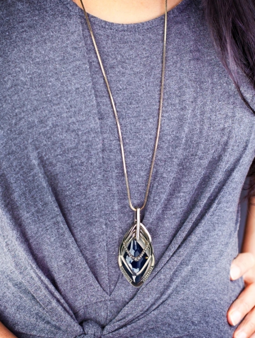 Black Crystal Accent Pendant Necklace in Silver Tone - Picture 6 of 9